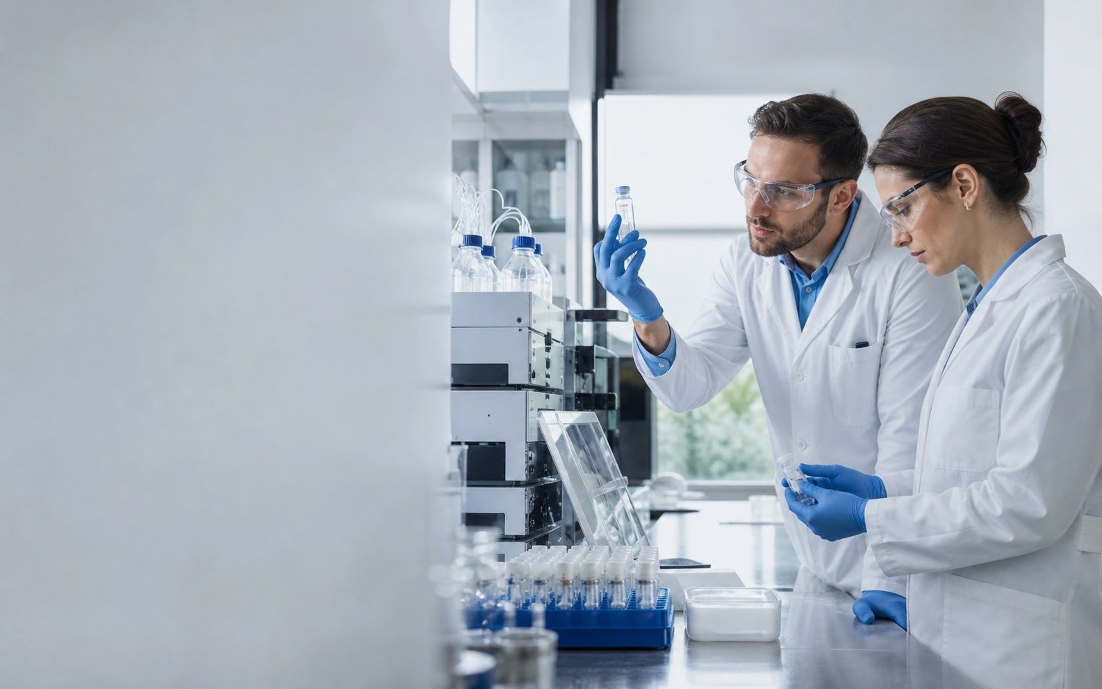 Two researchers reviewing laboratory samples